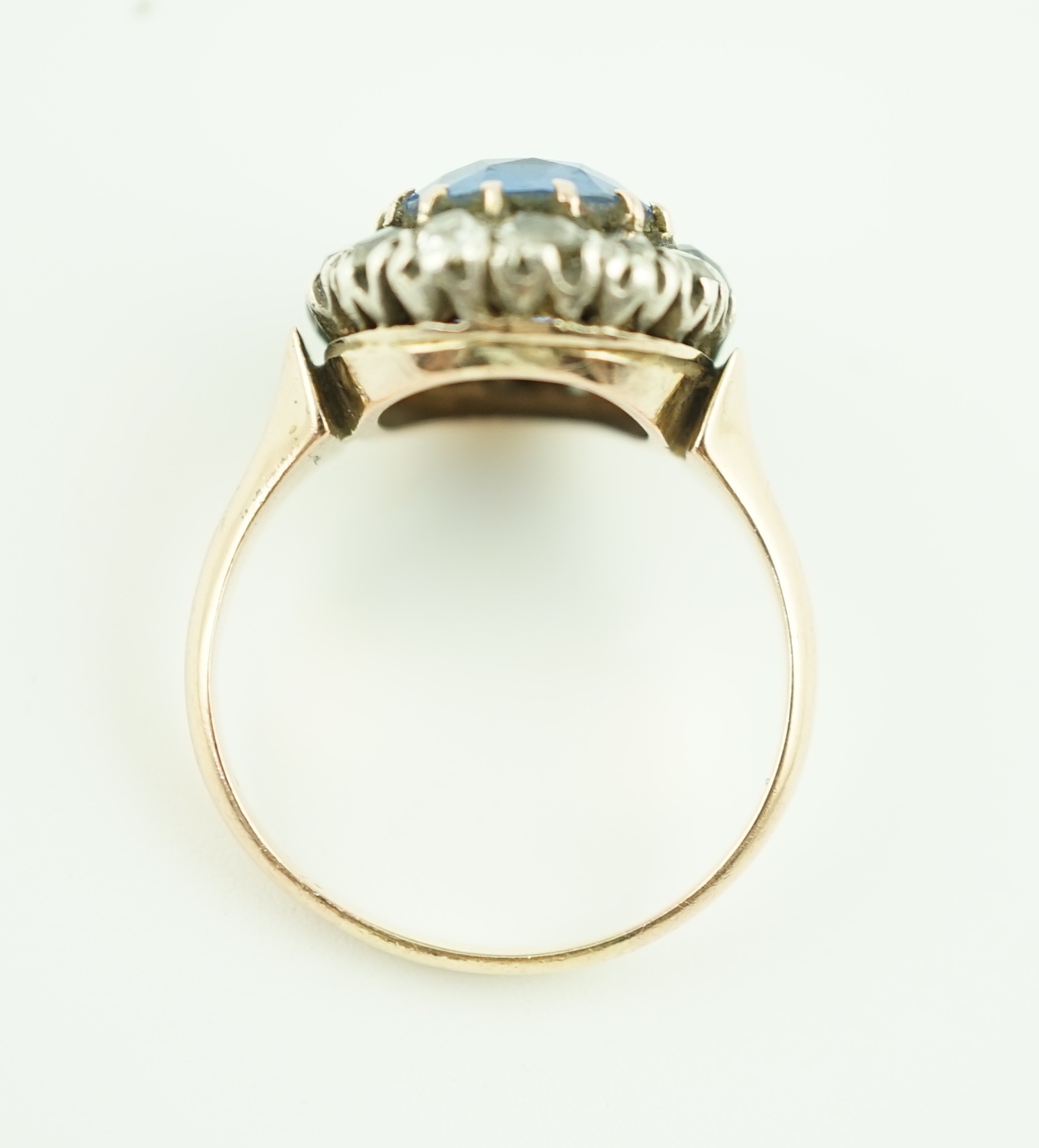 A Victorian gold, sapphire and diamond set oval cluster ring